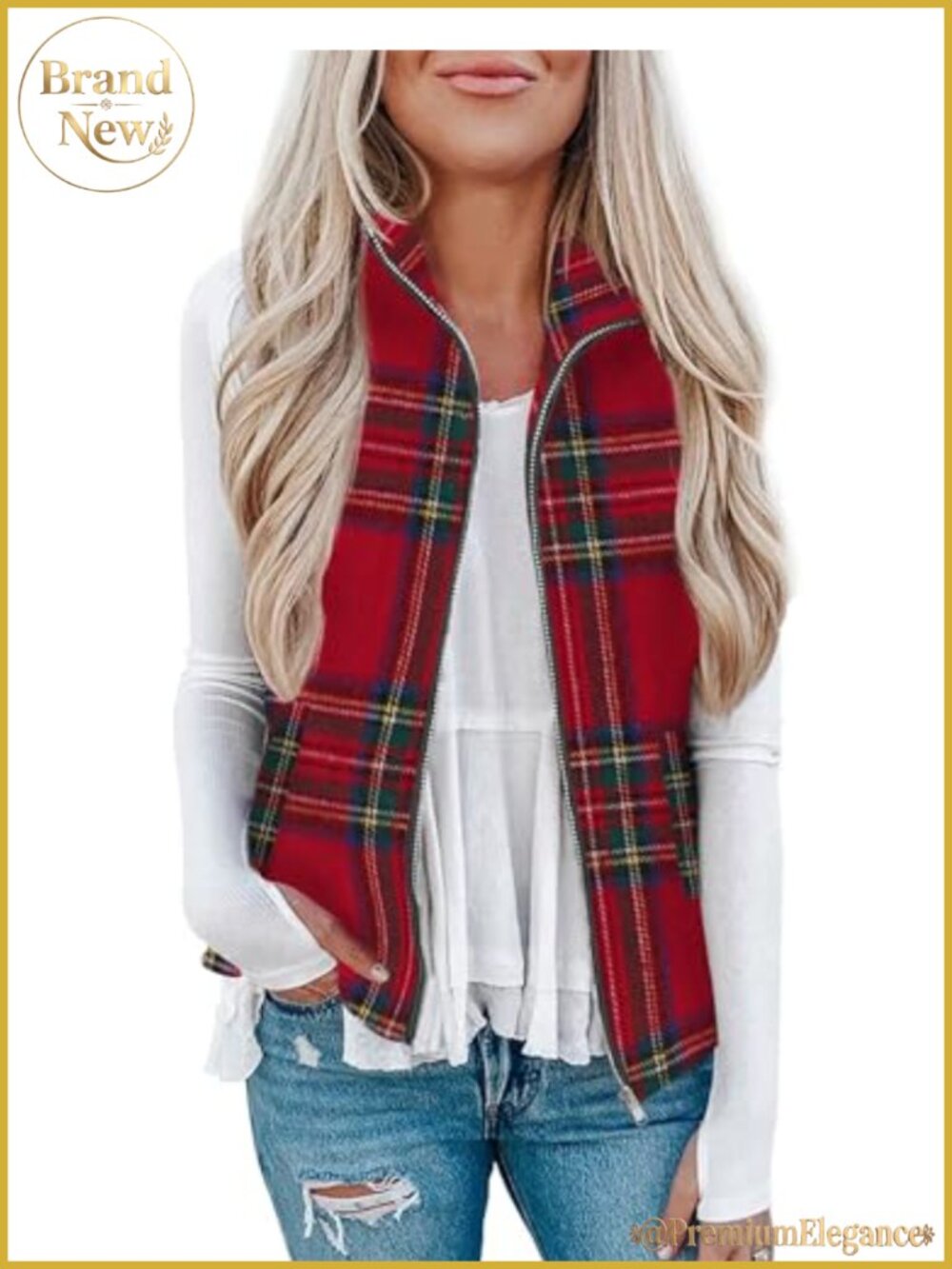 Plaid Outerwear Vest Zip Up Sleeveless Jacket with Pockets